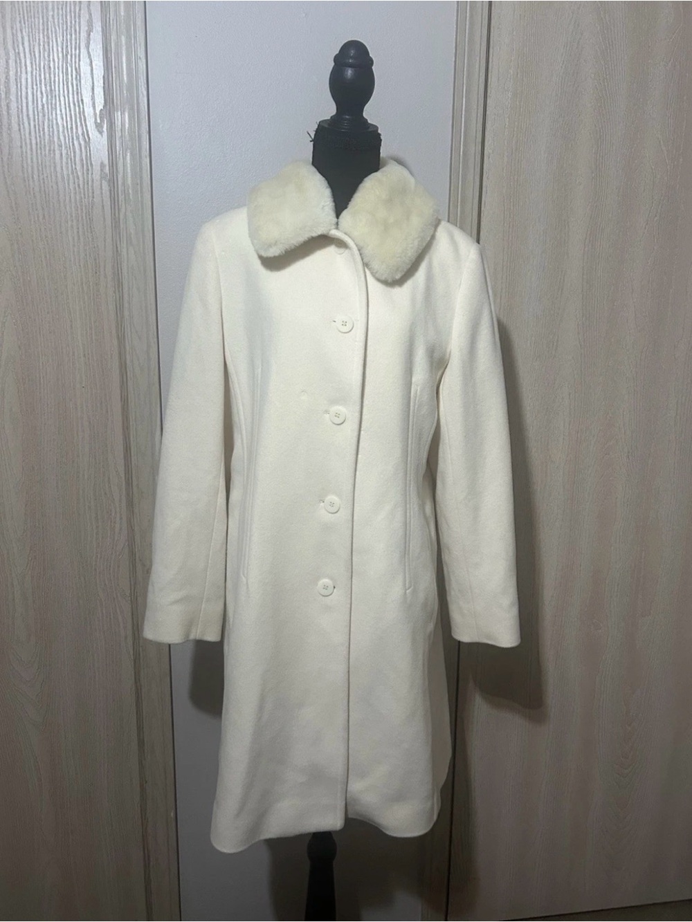 Anne Klein Sport Cream Wool Trench Coat with Faux Fur Collar
